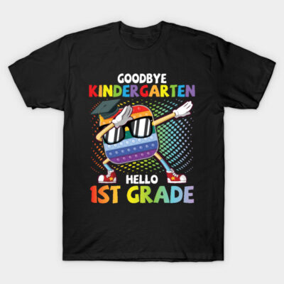 Black t-shirt with colorful "Goodbye Kindergarten, Hello 1st Grade" design, featuring a playful graphic.