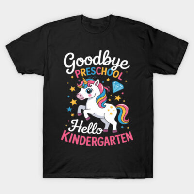 Black t-shirt with colorful unicorn and "Goodbye Preschool, Hello Kindergarten" text, ideal for kids starting school.