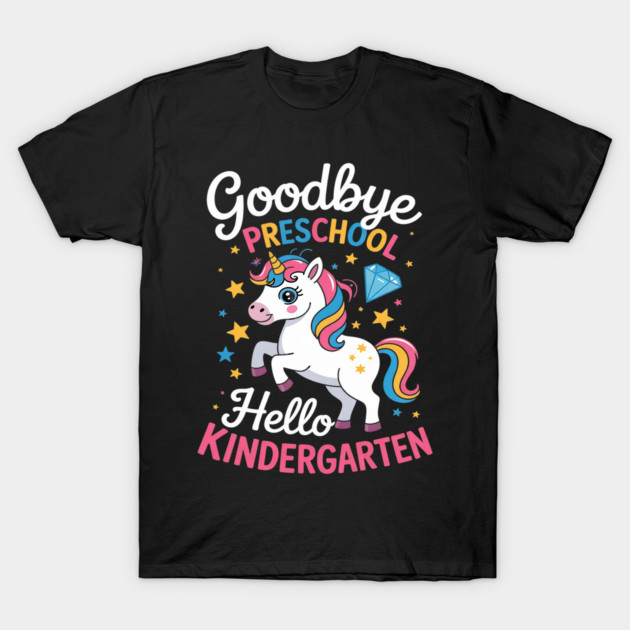 Black t-shirt with colorful unicorn and "Goodbye Preschool, Hello Kindergarten" text, ideal for kids starting school.