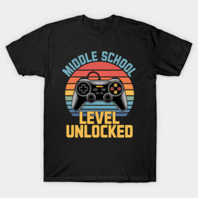 Black T-shirt with "Middle School Level Unlocked" graphic, retro style, gaming theme, perfect for teens.