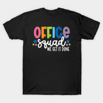 Black "Office Squad" T-shirt with colorful text and stars, casual office wear, made of soft cotton, unisex style.