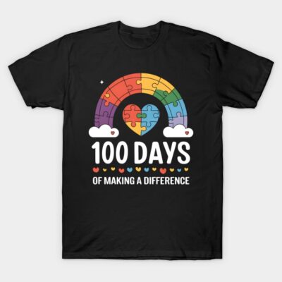Black t-shirt with colorful puzzle heart and rainbow design, 100 Days of Making a Difference slogan, cotton fabric.