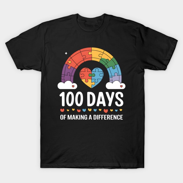 Black t-shirt with colorful puzzle heart and rainbow design, 100 Days of Making a Difference slogan, cotton fabric.