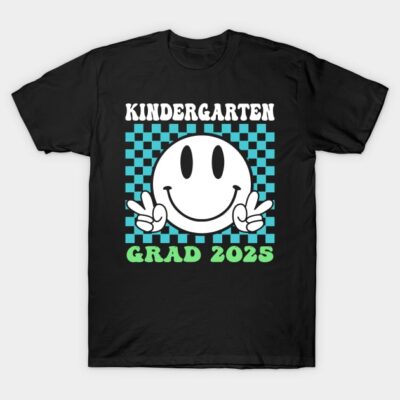 Black t-shirt with "Kindergarten Grad 2025" design, featuring a smiling face and blue checkered background. Perfect for graduates.