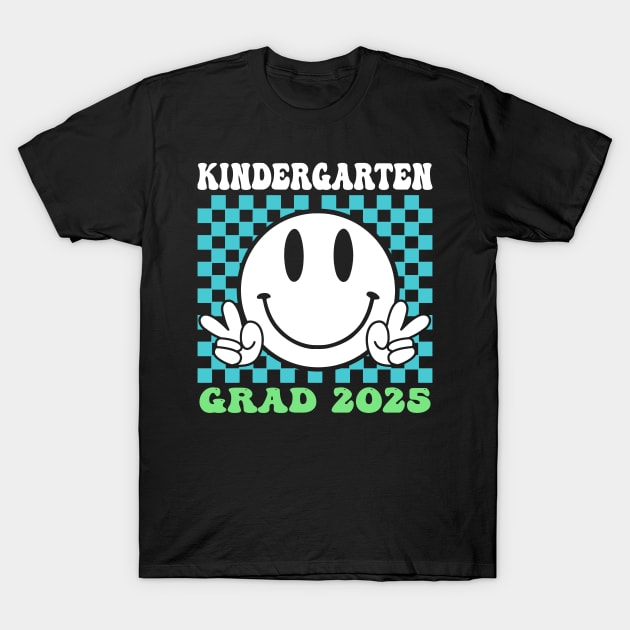 Black t-shirt with "Kindergarten Grad 2025" design, featuring a smiling face and blue checkered background. Perfect for graduates.
