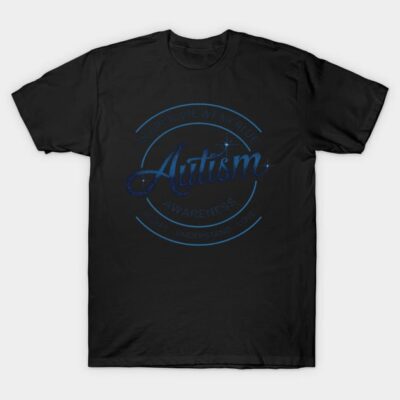 Black autism awareness T-shirt with blue text, casual style, cotton material, unisex design, suitable for everyday wear.