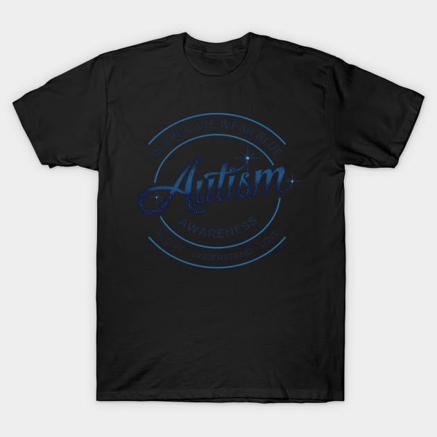 Black autism awareness T-shirt with blue text, casual style, cotton material, unisex design, suitable for everyday wear.