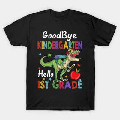 Black T-shirt with colorful "Goodbye Kindergarten, Hello 1st Grade" dinosaur design, perfect for kids' school transition.