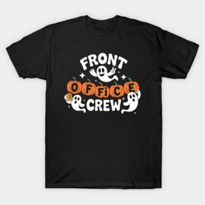 Black "Front Office Crew" Halloween T-shirt with ghost and pumpkin design, casual cotton apparel for festive occasions.