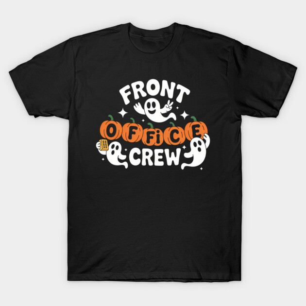 Black "Front Office Crew" Halloween T-shirt with ghost and pumpkin design, casual cotton apparel for festive occasions.