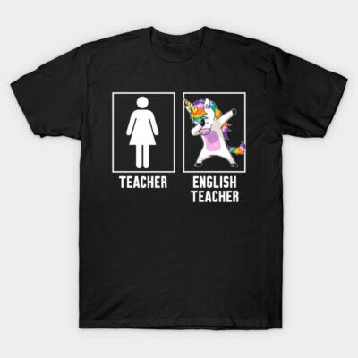 Black cotton T-shirt with humorous teacher and unicorn graphic, perfect for English teachers. Fun and comfortable style.