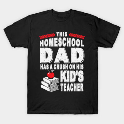 Black t-shirt with humorous homeschool dad slogan in bold white text, featuring red apple and books graphic.