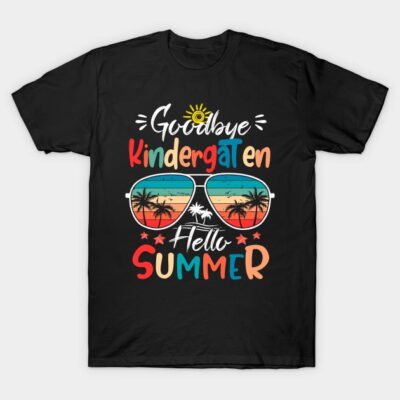 Black t-shirt with colorful "Goodbye Kindergarten Hello Summer" text and sunglasses graphic, casual summer wear.
