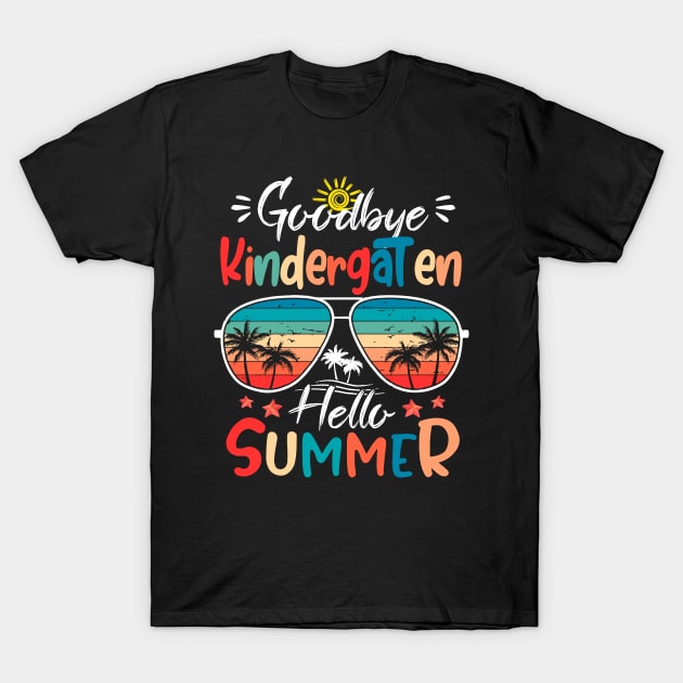 Black t-shirt with colorful "Goodbye Kindergarten Hello Summer" text and sunglasses graphic, casual summer wear.