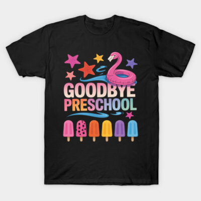 Black T-shirt with colorful "Goodbye Preschool" print, featuring stars, flamingo, and popsicles. Fun kids' apparel.