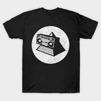 Black t-shirt with retro boombox and pyramid graphic, casual style, unisex, 100% cotton.