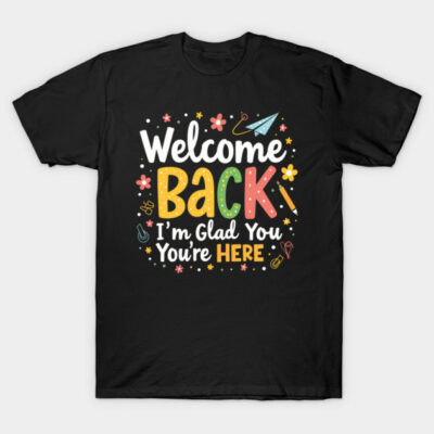 Black cotton t-shirt with colorful "Welcome Back" text and playful design, perfect for casual wear or gifts.