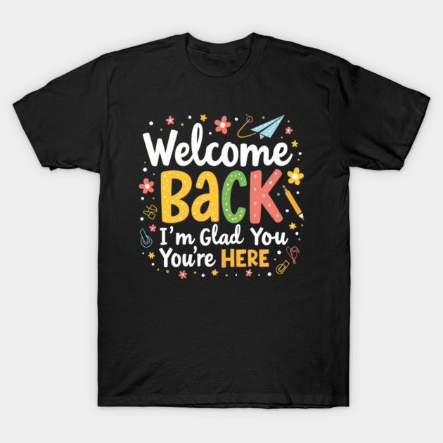 Black cotton t-shirt with colorful "Welcome Back" text and playful design, perfect for casual wear or gifts.