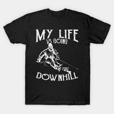 Black cotton t-shirt with humorous "My Life is Going Downhill" skiing graphic, perfect for casual wear.