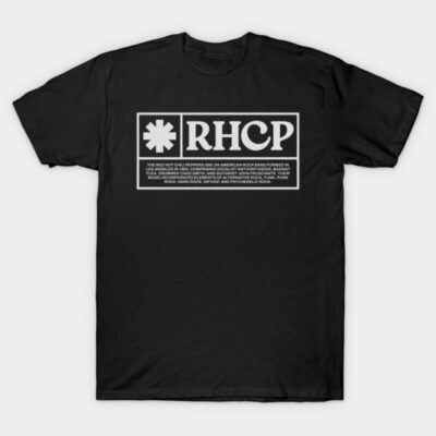 Black RHCP logo t-shirt, casual style, soft cotton material, ideal for music fans and everyday wear.
