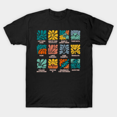 Black t-shirt with colorful abstract square designs and motivational text, casual wear, cotton material.