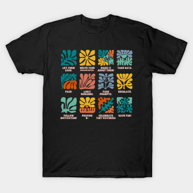 Black t-shirt with colorful abstract square designs and motivational text, casual wear, cotton material.