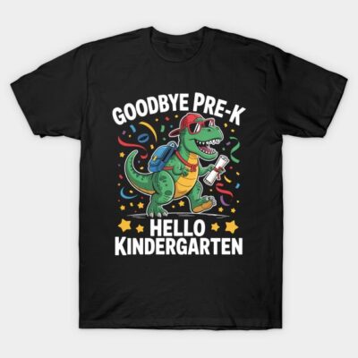 "Black t-shirt with colorful dinosaur graphic, 'Goodbye Pre-K Hello Kindergarten' design, fun school theme"