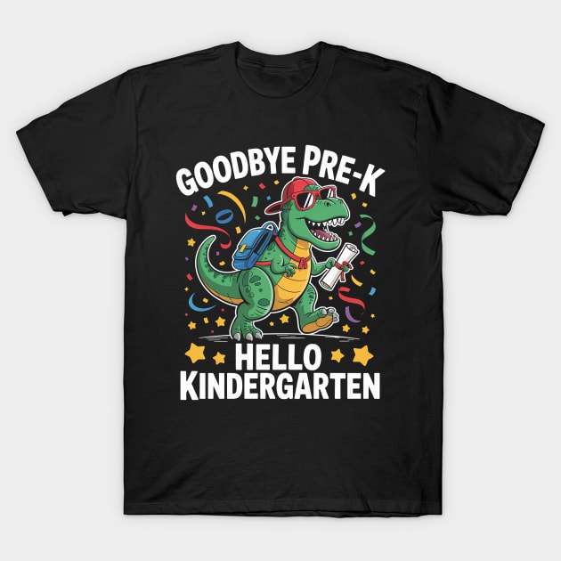 "Black t-shirt with colorful dinosaur graphic, 'Goodbye Pre-K Hello Kindergarten' design, fun school theme"