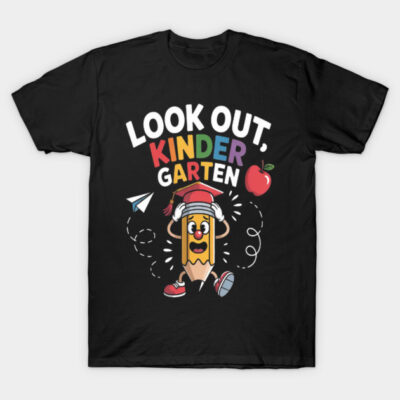 Black t-shirt with colorful "Look Out, Kindergarten" graphic, featuring playful pencil and apple design, ideal for school.