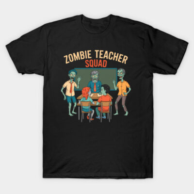 "Black t-shirt with 'Zombie Teacher Squad' graphic, featuring cartoon zombies in a classroom, casual wear."