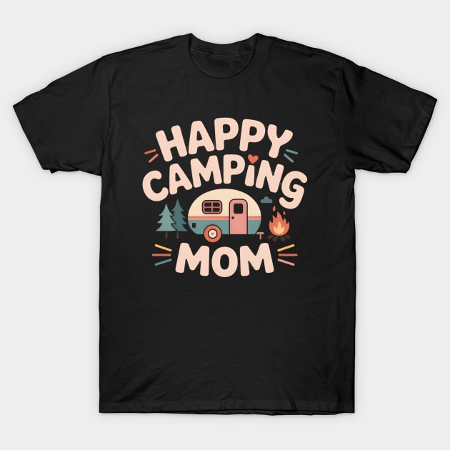 Black "Happy Camping Mom" t-shirt with camper graphic, ideal for outdoor enthusiasts. Cotton fabric, casual fit.