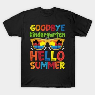 Black t-shirt with colorful "Goodbye Kindergarten Hello Summer" text and sunglasses graphic, casual summer wear.