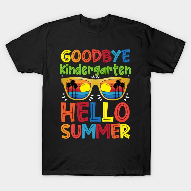 Black t-shirt with colorful "Goodbye Kindergarten Hello Summer" text and sunglasses graphic, casual summer wear.