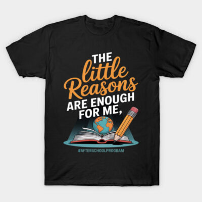 Black cotton t-shirt with educational-themed design, featuring globe, pencil, and motivational text for after-school programs.