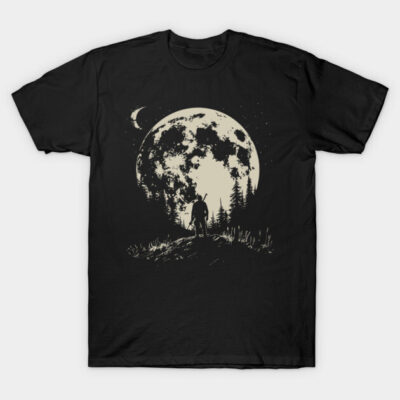 Black t-shirt featuring moonlit forest scene with lone figure silhouette, perfect for casual wear and nature lovers.