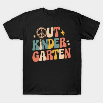Black t-shirt with colorful retro text design, perfect for casual wear. Made of soft cotton for comfort and style.