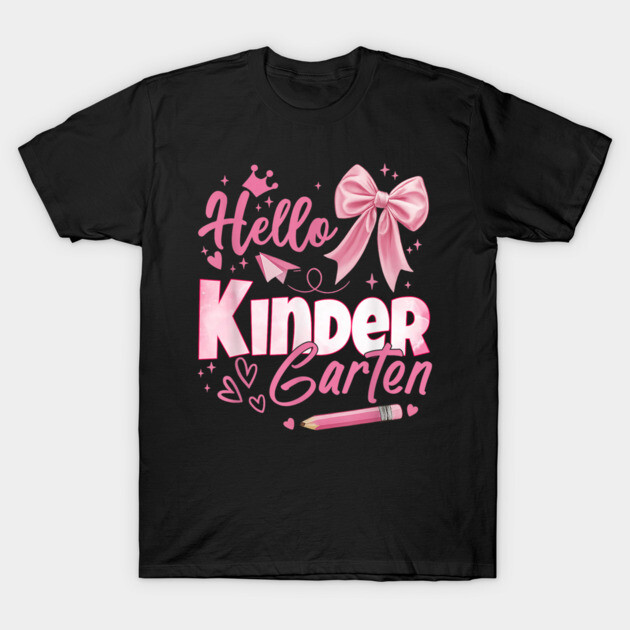 Black t-shirt with "Hello Kindergarten" pink graphic, featuring bow, pencil, and hearts. Perfect for school occasions.
