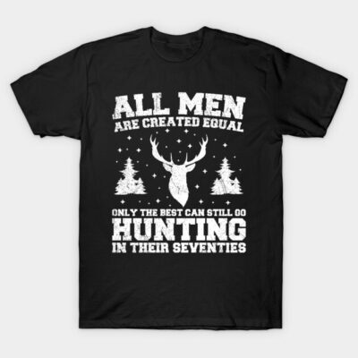 Black hunting-themed T-shirt with white print featuring deer and trees, ideal for outdoor enthusiasts in their seventies.