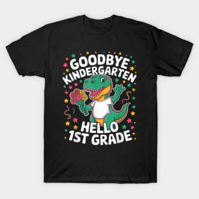 Black T-shirt with colorful dinosaur and stars design, "Goodbye Kindergarten Hello 1st Grade" text, kids' schoolwear.