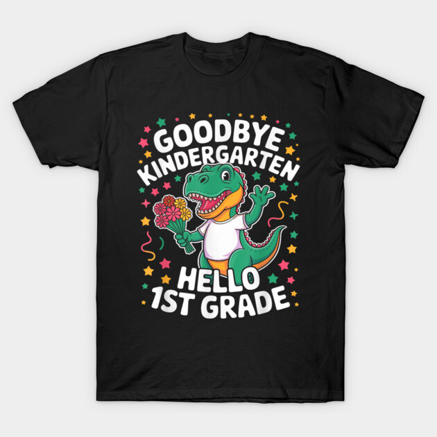 Black T-shirt with colorful dinosaur and stars design, "Goodbye Kindergarten Hello 1st Grade" text, kids' schoolwear.
