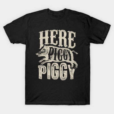 Black cotton T-shirt with "Here Piggy Piggy" text and boar graphic, casual style, humorous design for everyday wear.