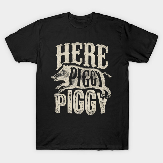 Black cotton T-shirt with "Here Piggy Piggy" text and boar graphic, casual style, humorous design for everyday wear.