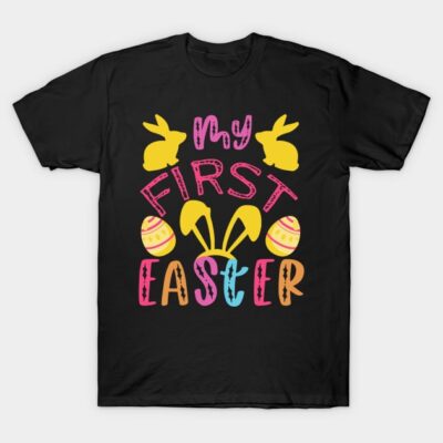 Black "My First Easter" t-shirt with colorful bunny and egg design, perfect for festive spring celebrations.