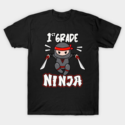 Black "1st Grade Ninja" cartoon graphic t-shirt, playful design for kids, comfortable cotton material, fun schoolwear.