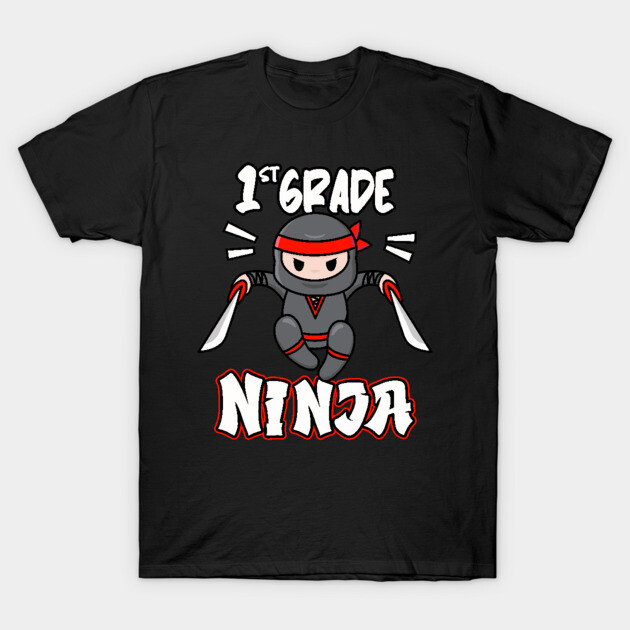 Black "1st Grade Ninja" cartoon graphic t-shirt, playful design for kids, comfortable cotton material, fun schoolwear.