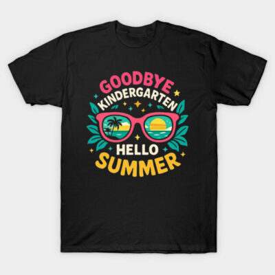 Black "Goodbye Kindergarten Hello Summer" T-shirt with colorful sunglasses design, casual cotton tee for kids.