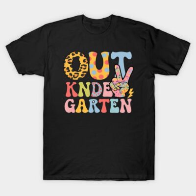 Black t-shirt with colorful "Out Kindergarten" graphic, featuring playful patterns and peace sign design.