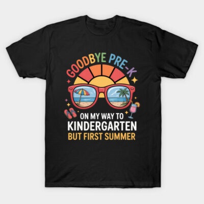 Black t-shirt with colorful "Goodbye Pre-K, Hello Kindergarten" summer-themed design featuring sunglasses and beach.