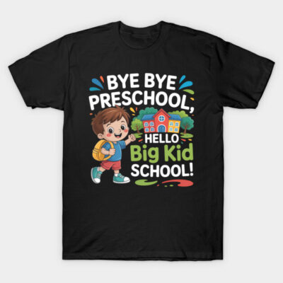 Black kids' t-shirt with "Bye Bye Preschool, Hello Big Kid School" colorful graphic print for back-to-school.