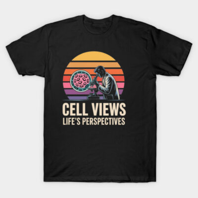 Black T-shirt with a colorful retro design featuring a microscope and the text "Cell Views Life's Perspectives".